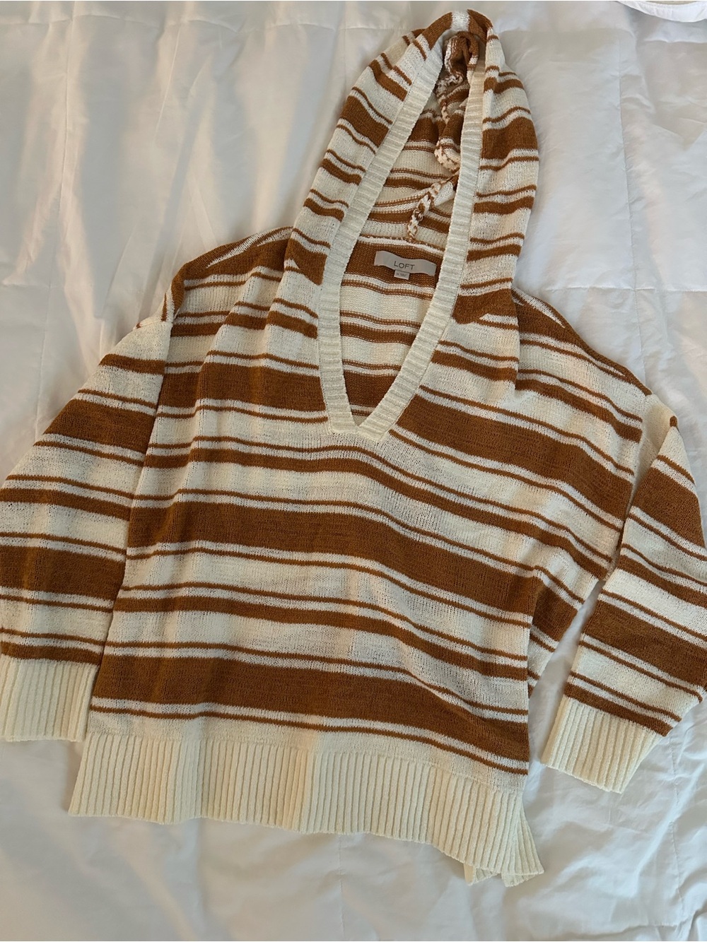 LOFT Cream & Mustard Striped V-Neck Hooded Sweater